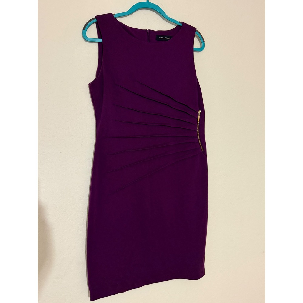 Ivanka Trump Purple Sleeveless Pleated Sheath Dress Gold Zip Detail 12